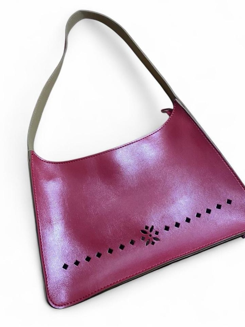 Red Vinyl Shoulder Purse with Floral Detail & Inner pockets